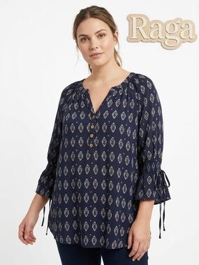 Raga Navy Patterned Split-Neck Tie-Sleeve Top Large